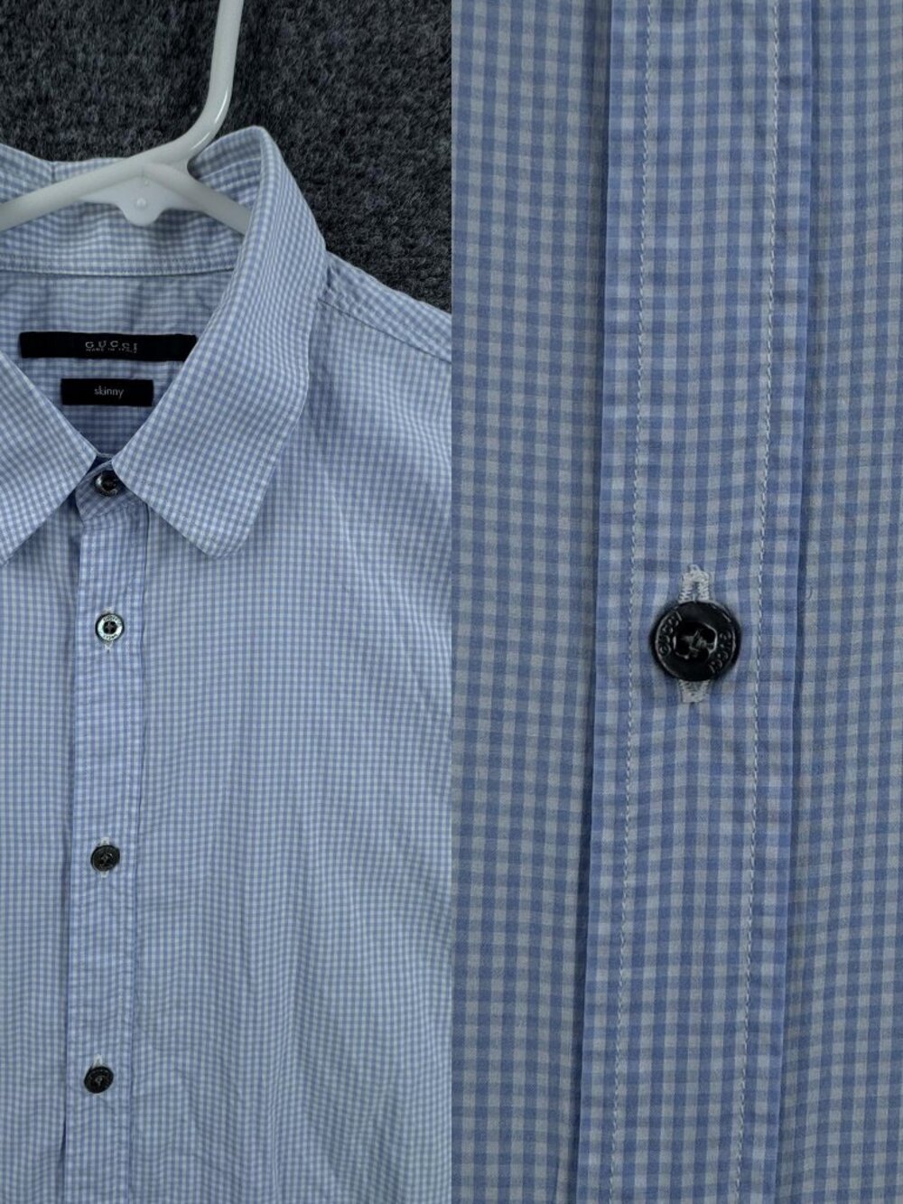 Gucci 15.5 Skinny Italy Blue White Check Men Shirt Button Up Long Sleeve Adult
